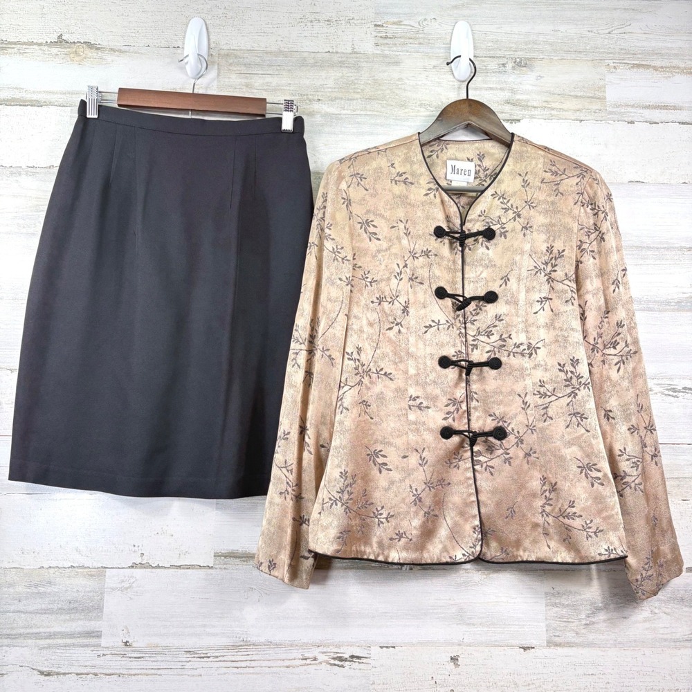 Maren Skirt Suit Vintage 10‎ Gold Black Frog Toggle Brocade Old Money Glam Retro
